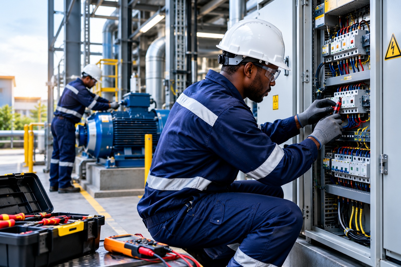 Technician working on industrial electrical equipment